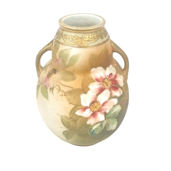 Antique Hand-Painted Kutani Porcelain Vase With Floral Design & Double Handles - Picture 6 of 9